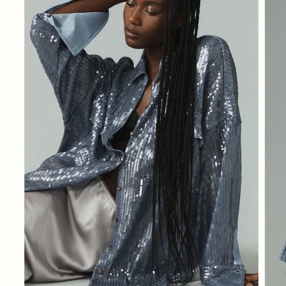 Pilcro- NWT Anthropologie Sequin Blue Button Down Long-sleeve Shirt - Picture 2 of 8